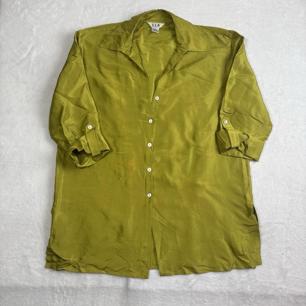 VTG S.L.B. Green Long Sleeve Button Up Collared Blouse Women's Medium Stains - Picture 1 of 8